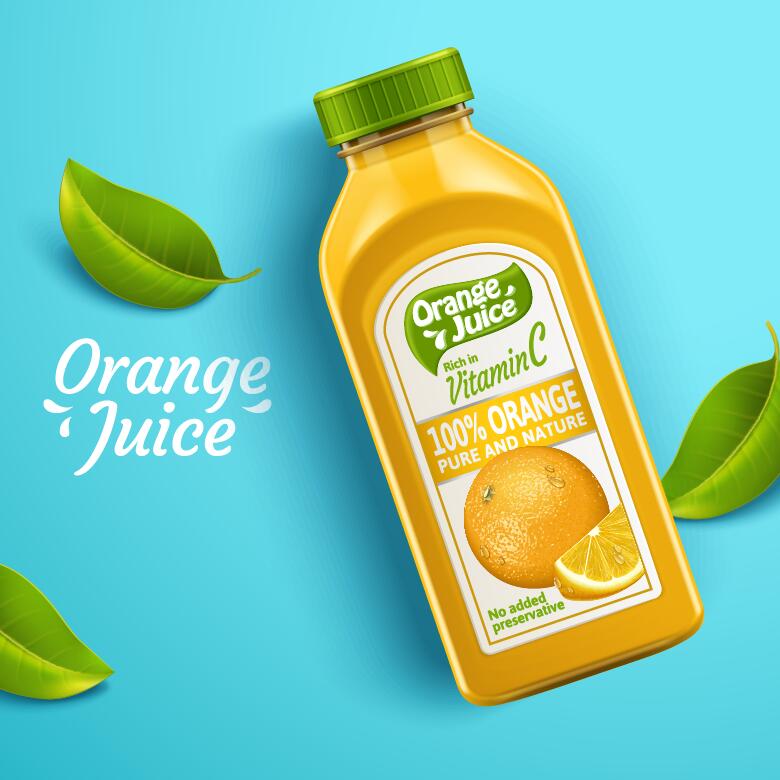 Orange reiner und Natursaft mit Verpackungsflaschen vector 03  