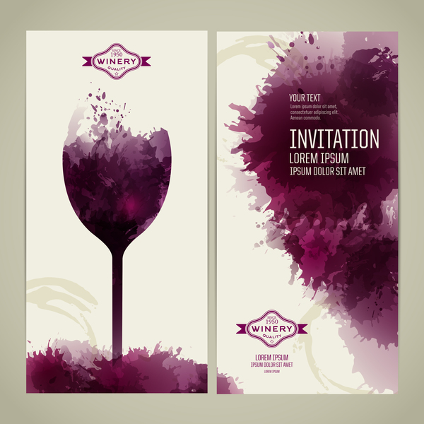 水彩スタイルのワイン招待カードベクトル05  