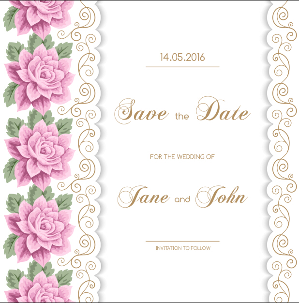 Wedding invitation card with flower vintage vector 01  