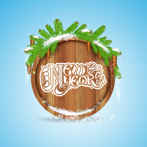 Wood barrel with christmas background design vector 05  