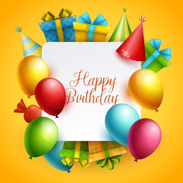 Yellow birthday background with gifts vector 03  