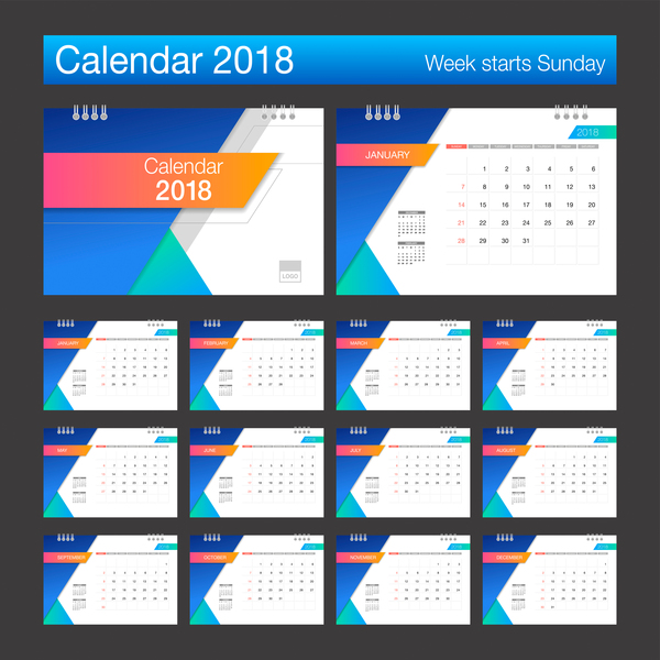 Kalender 2018 blau mit weißem Schablonenvektor 01  