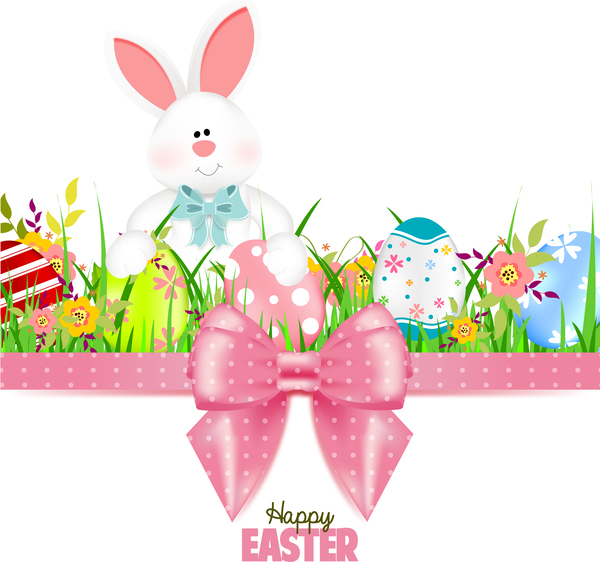 Bunny with easter card template and ribbon bow vector 04  