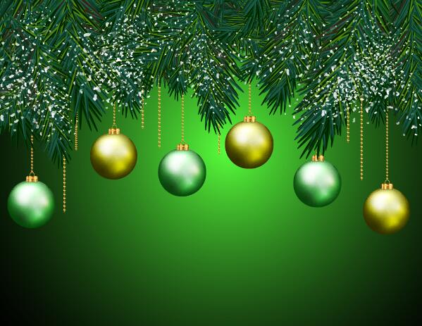松の枝と緑の背景ベクトル クリスマス ボール  