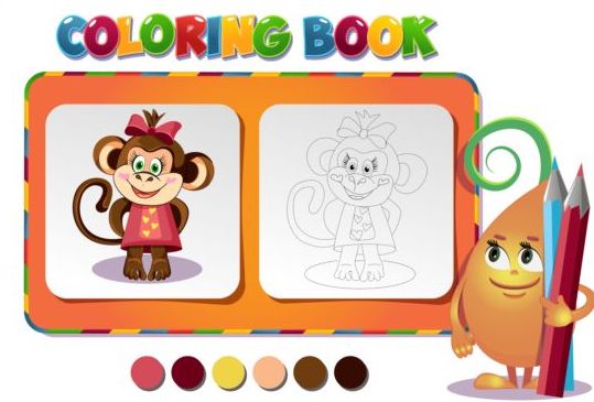색칠 하기 책, 원숭이 소녀 벡터  