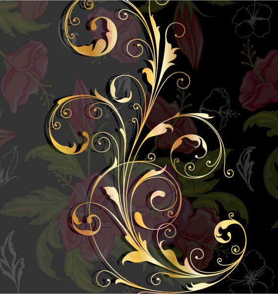 Glossy golden floral ornaments vector background 01  