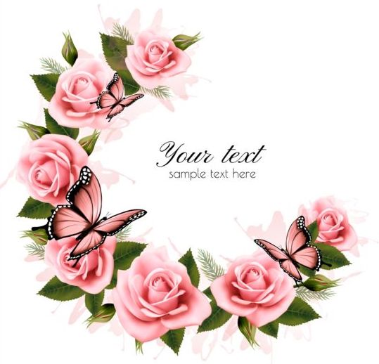 Holiday background with pink beautiful flowers and butterflies vector 02  