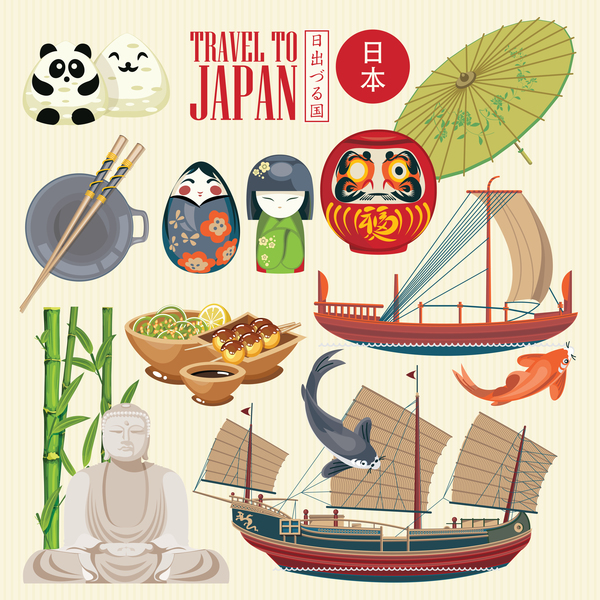 Japanische Reisesehenswürdigkeiten mit kulturellem Vektor 06 der Traditionen  