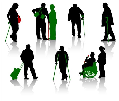 Old people with disabled persons silhouette vector 09  