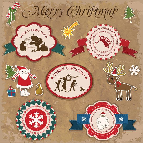 Retro christmas sticker with labels vectors 04  