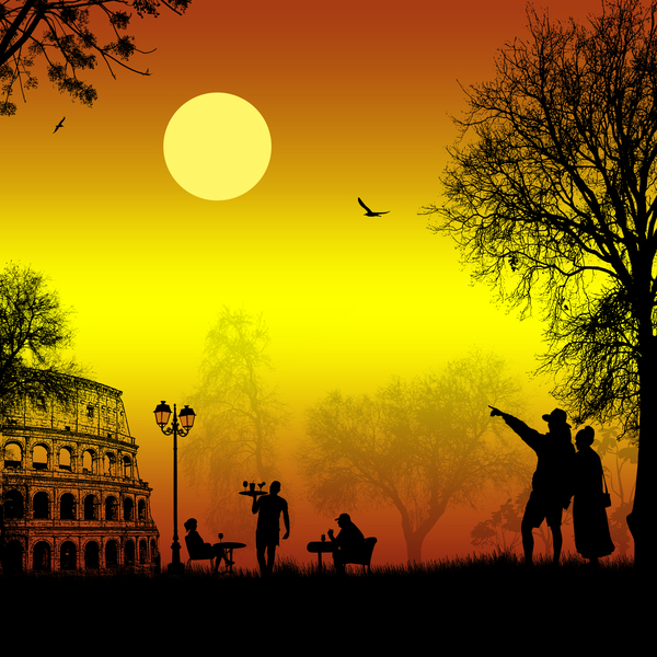 Rome sunset with romantic couple travel vectors 05  