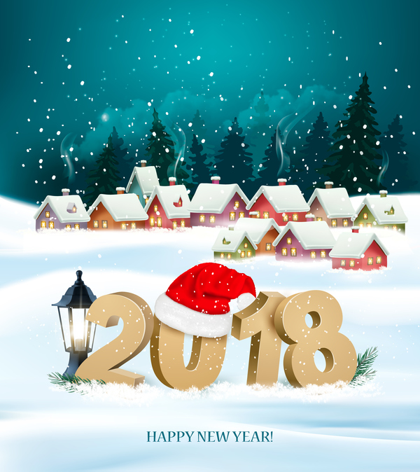 fond de vacances de nouvel an avec village et 2018 vector  