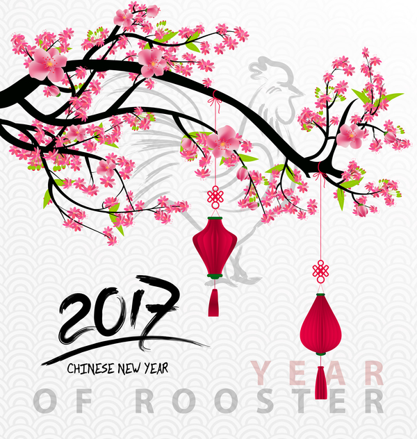 2017 kinesiska nyåret av tuppen med blommor vektor 03  