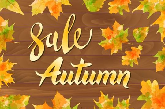 Осенняя распродажа с деревянным фоном и листьями вектора 02  