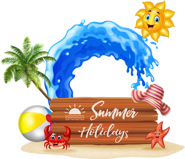 Cartoon summer holiday background with wooden plaque vector 02  