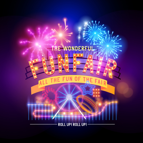 Colorful fireworks with funfair poster vector  