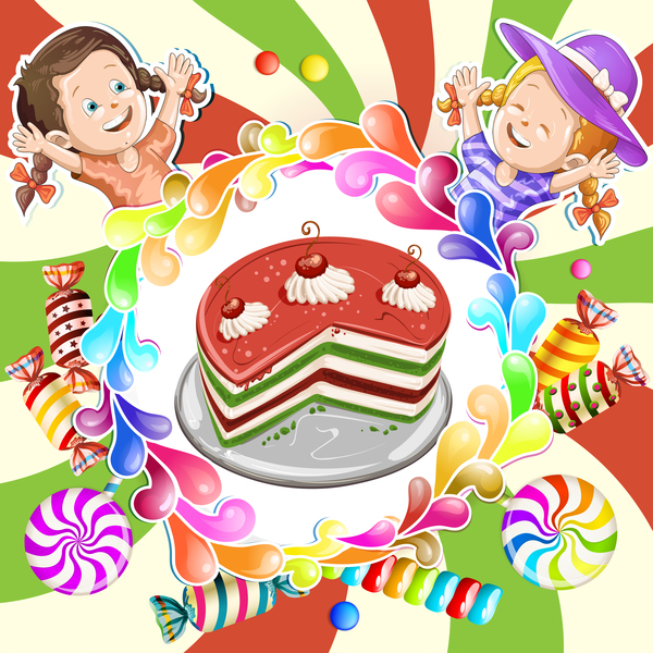 ケーキとお菓子とかわいい子供たちベクター素材 10  
