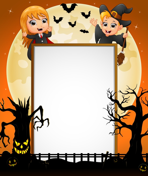 Cute kids with halloween blank background vector 06  