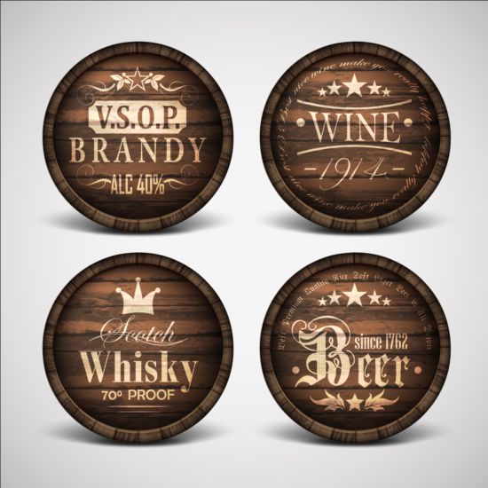 Drink wood casks labels vector 02  