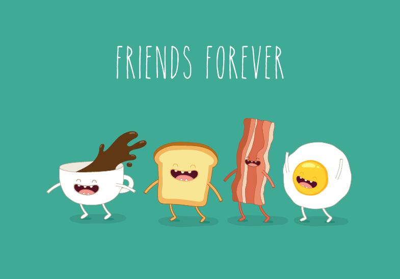 Funny egg and bacon with coffee cartoon characters vector  