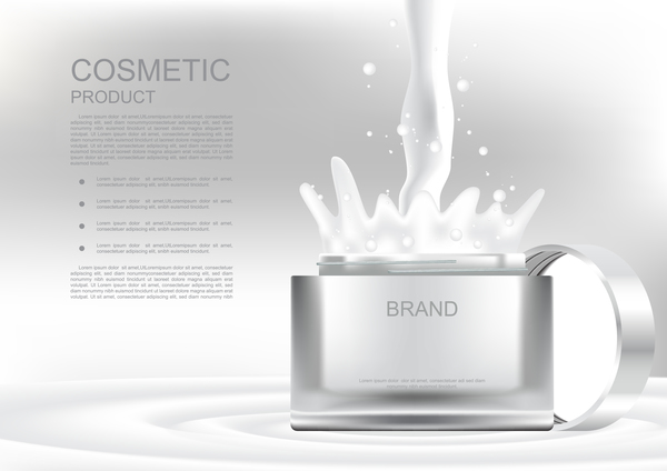 Opened cosmetic jar and pouring cream on gray cosmetic ads poster vector  