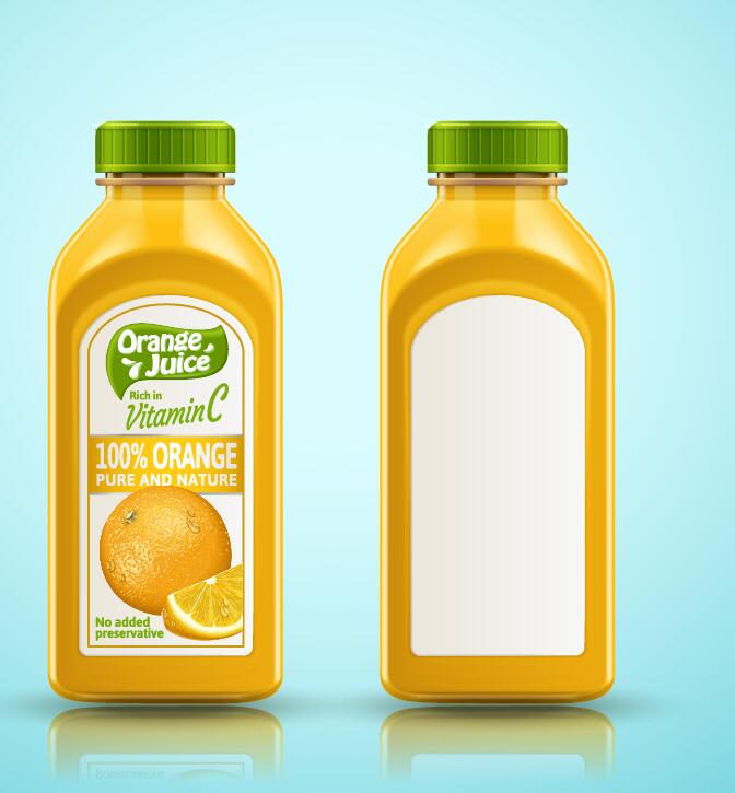 Orange pur et nature jus avec des bouteilles d'emballage vector 02  
