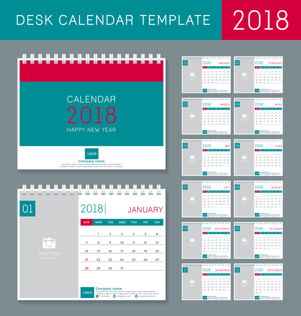 Red with green disk calendar 2018 templates vector  