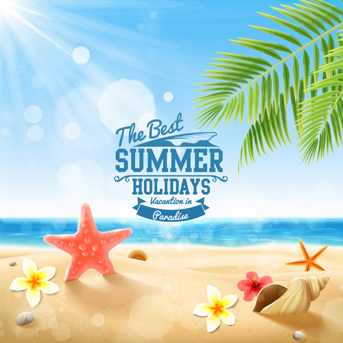 Shell with flower summer beach background vector 04  