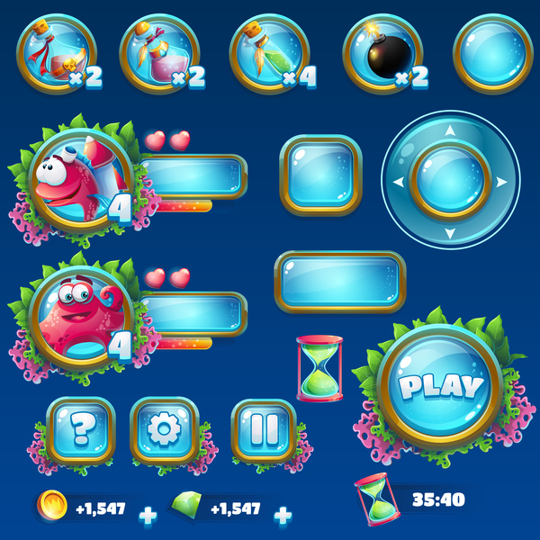 Underwater world game button vector material  