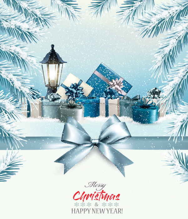 カラフルな箱と青い弓のベクトルとクリスマスの背景  