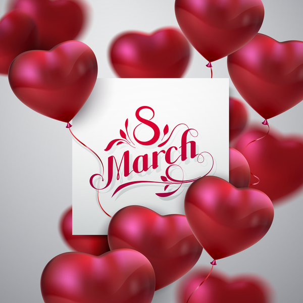 Carte de jour 8 mars womens avec des ballons de forme de coeur vector 04  
