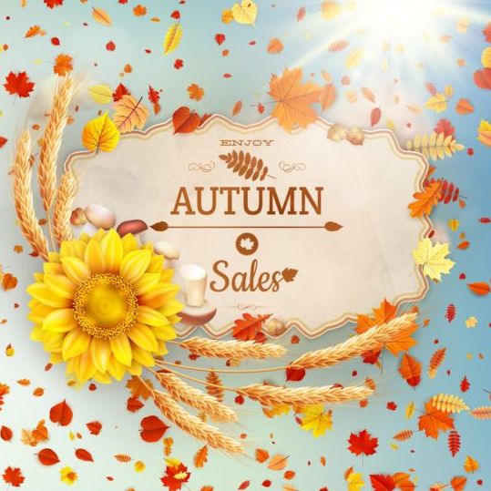 Осенняя распродажа этикеток с подсолнечным и листьями фонового вектора 07  