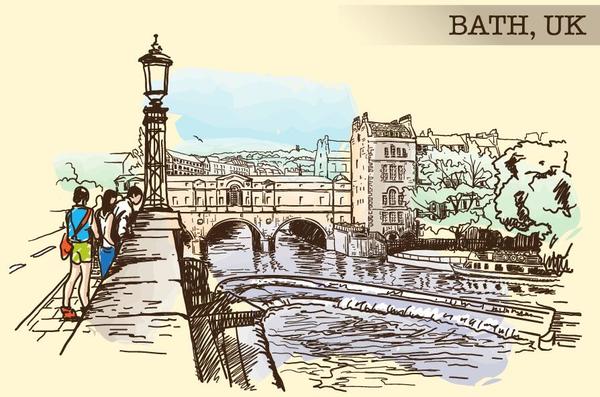 Bath UK gemalten Skizzenvektor  