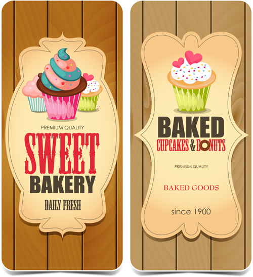 Baked cupcake cards with wood background vector  