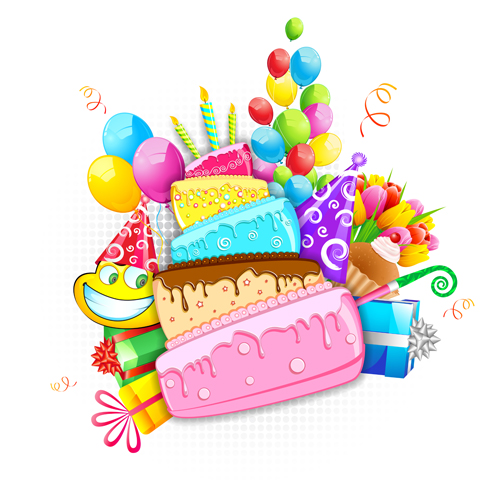 Cartoon birthday cake with birthday elements vector  