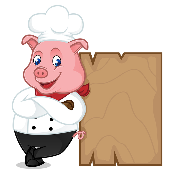 Caricature de cochon de chef avec le vecteur de planche de bois 03  