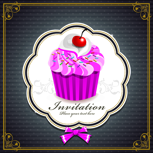 Cute Cupcakes Invitations cards vector set 03  