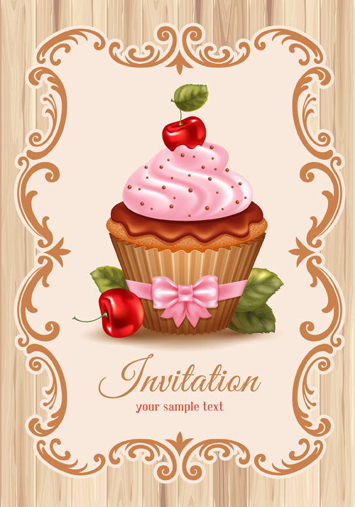 Cute cupcakes vector invitation cards 02  