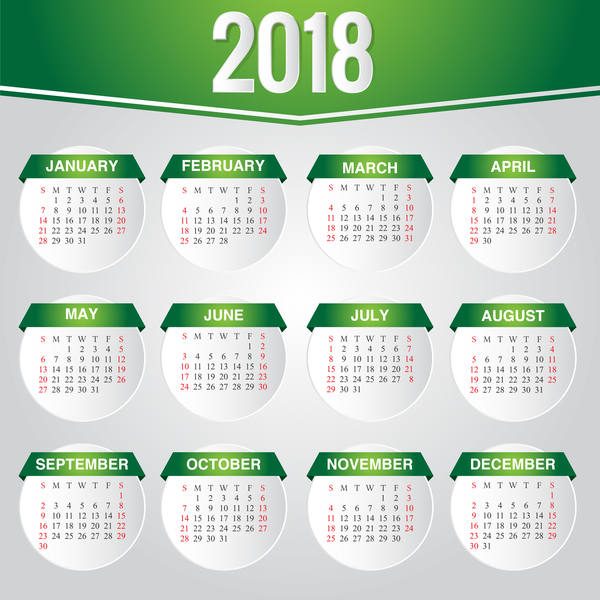 Grünes Schablone-Vektordesign des Kalenders 2018  