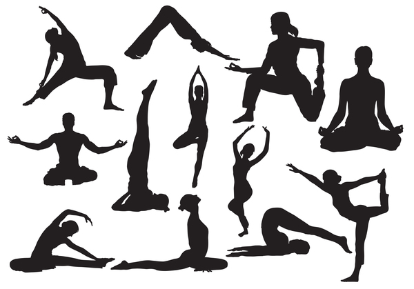 Mann und Frauen Yoga-Haltungsschattenbildvektor  