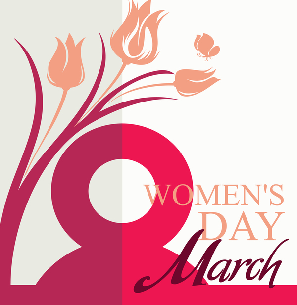 March 8 Women Day card with flowers tulip and butterfly vector 01  