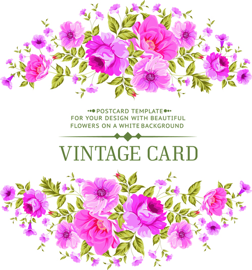 Pink flowers vintage card vector 01  