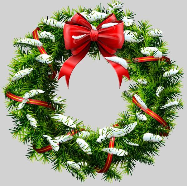 Red bow with christmas wreath vector material  