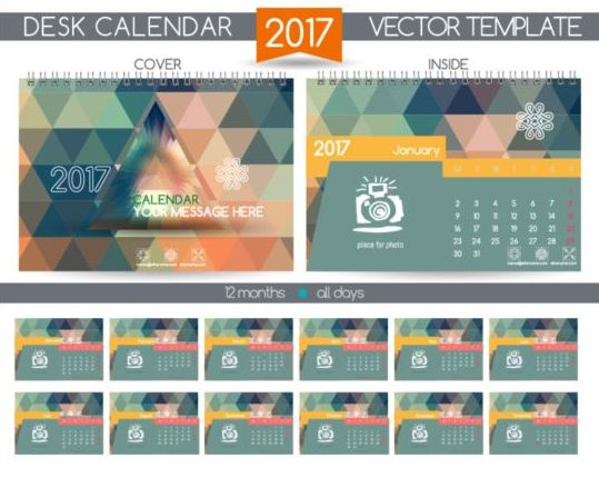 Retro Skriv bords kalender 2017 vektor mall 09  