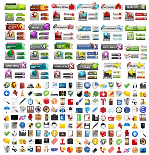 Shiny web buttons and web icons vector  
