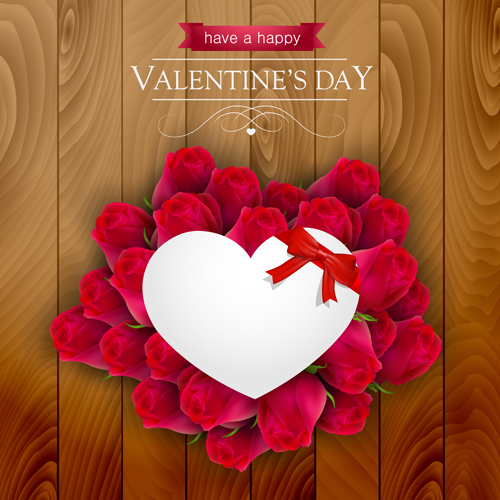 Valentines day elements with wooden background vector 08  
