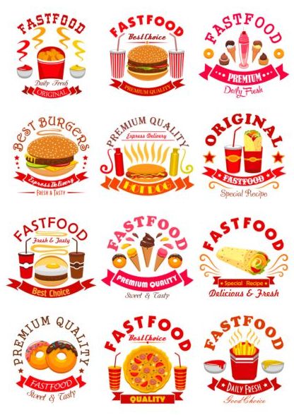 fast food labels design vector set 02  