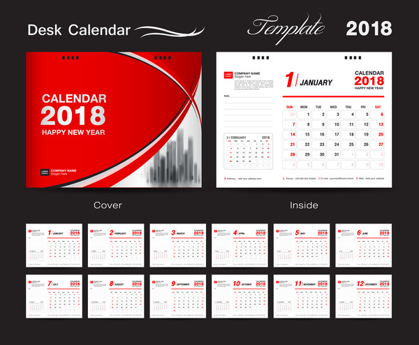 red 2018 desk calendar vector 03  