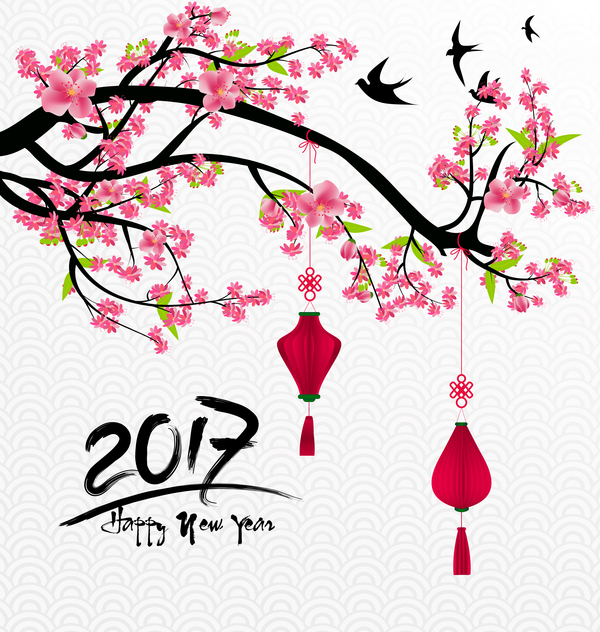 2017 chinesischer Neujahrshintergrund mit Blumen Vektor 01  