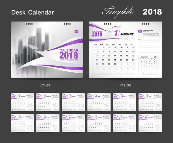 2018 desk calendar purple vector  